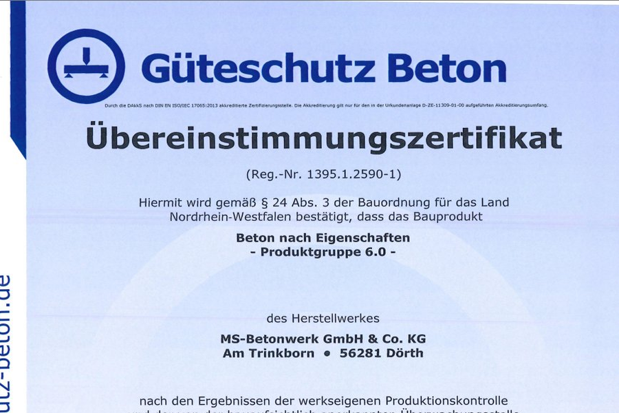 Güteschutz Beton Übereinstimmungszertifikat DIN 1045-2
