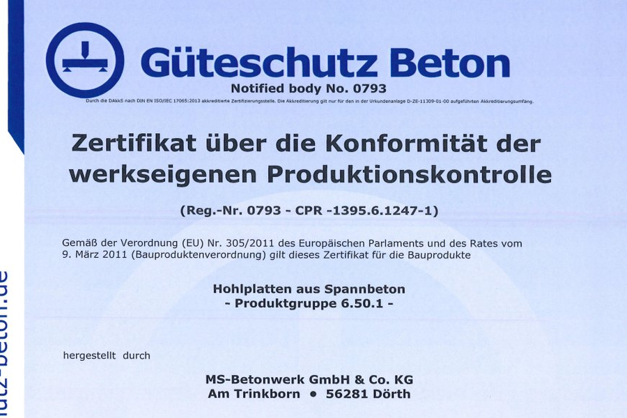 Güteschutz Beton WPK-Zertifikat EN 1168